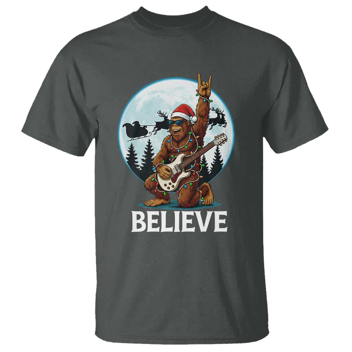 Christmas Bigfoot T Shirt Believe Funny Santa Rock N Roll - Wonder Print Shop
