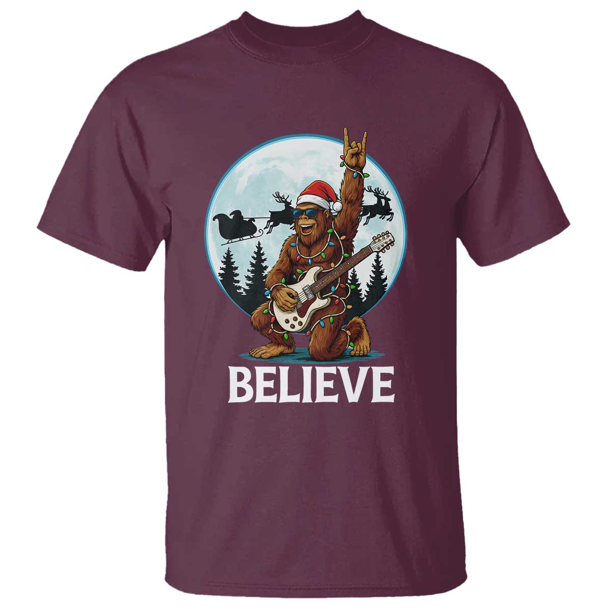 Christmas Bigfoot T Shirt Believe Funny Santa Rock N Roll - Wonder Print Shop