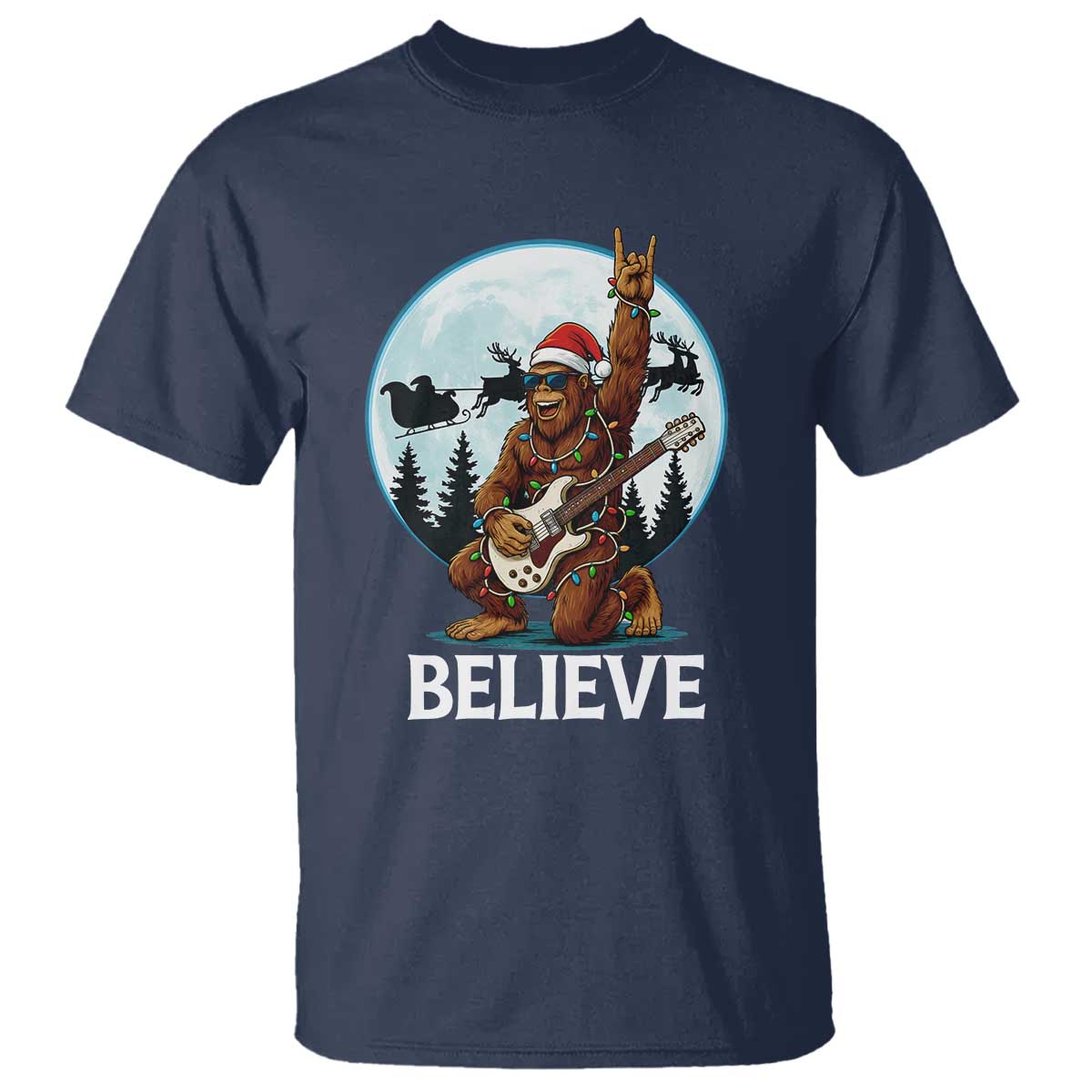 Christmas Bigfoot T Shirt Believe Funny Santa Rock N Roll - Wonder Print Shop