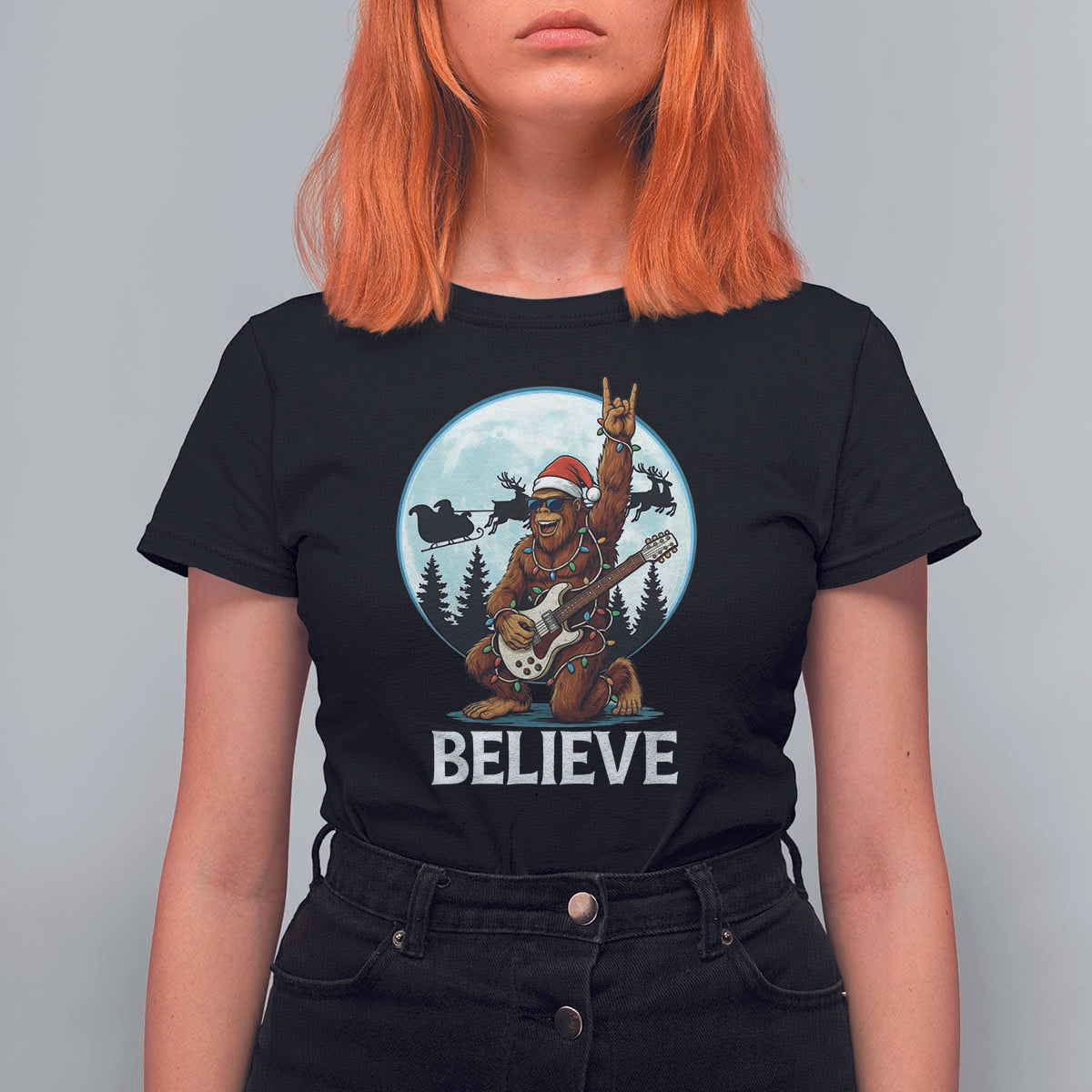 Christmas Bigfoot T Shirt For Women Believe Funny Santa Rock N Roll - Wonder Print Shop
