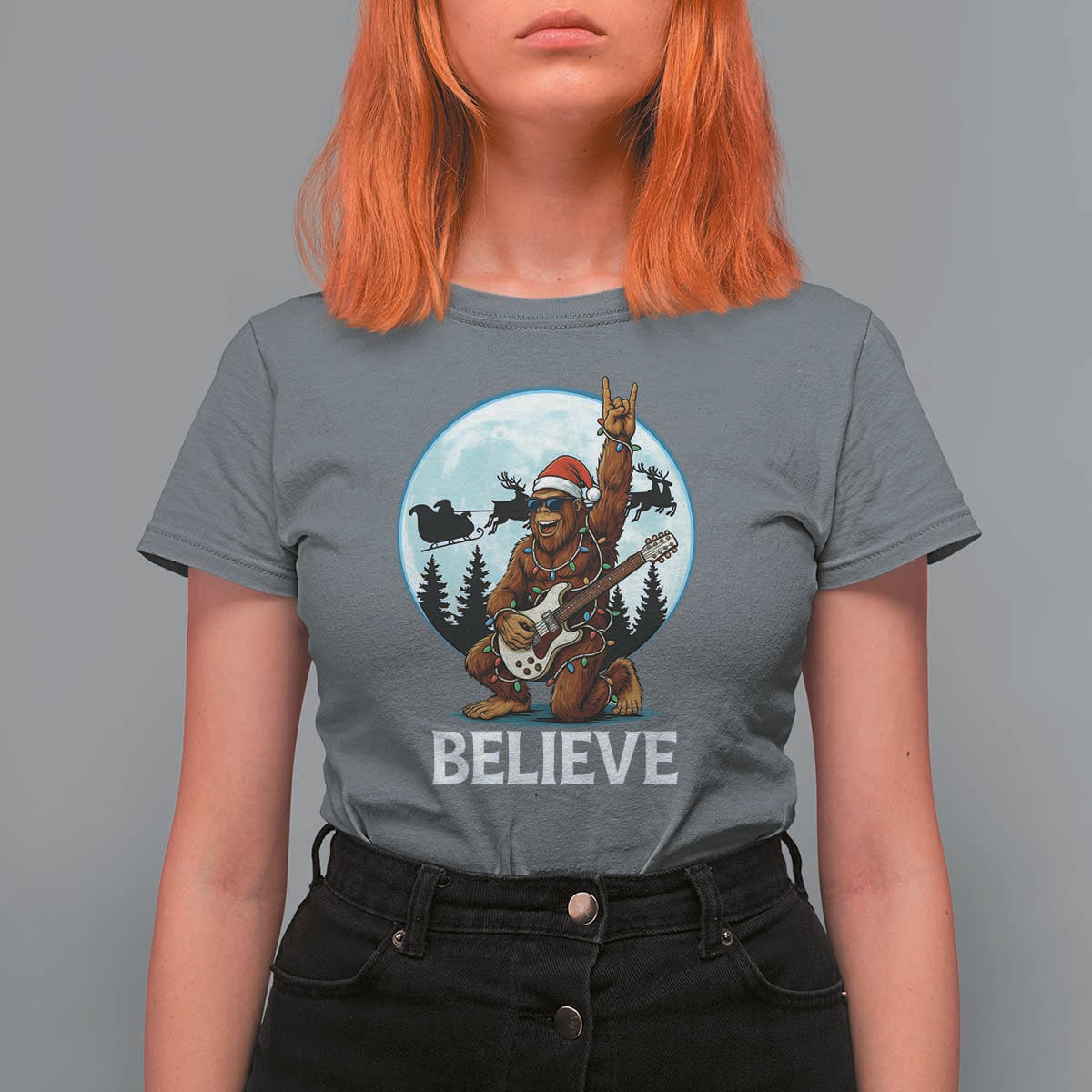Christmas Bigfoot T Shirt For Women Believe Funny Santa Rock N Roll - Wonder Print Shop
