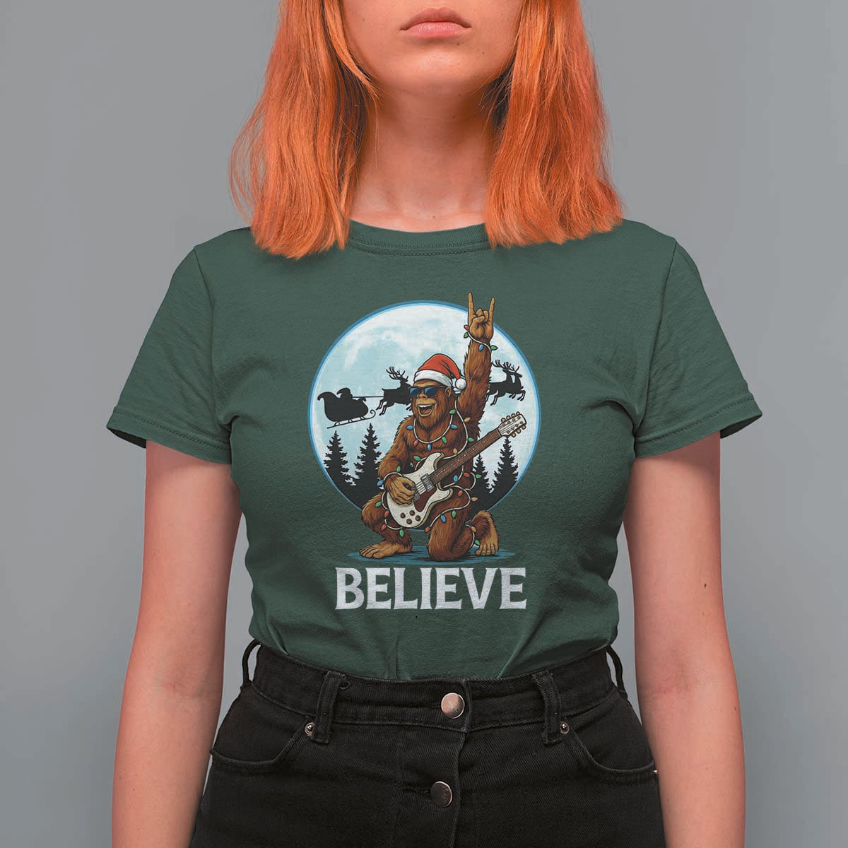 Christmas Bigfoot T Shirt For Women Believe Funny Santa Rock N Roll - Wonder Print Shop