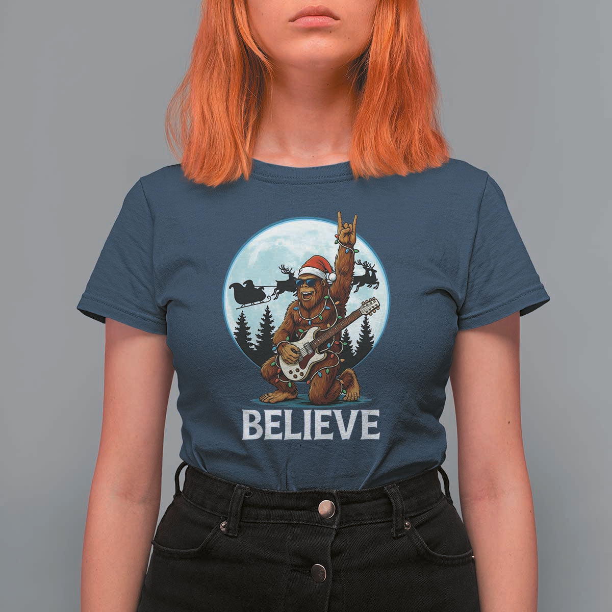 Christmas Bigfoot T Shirt For Women Believe Funny Santa Rock N Roll - Wonder Print Shop