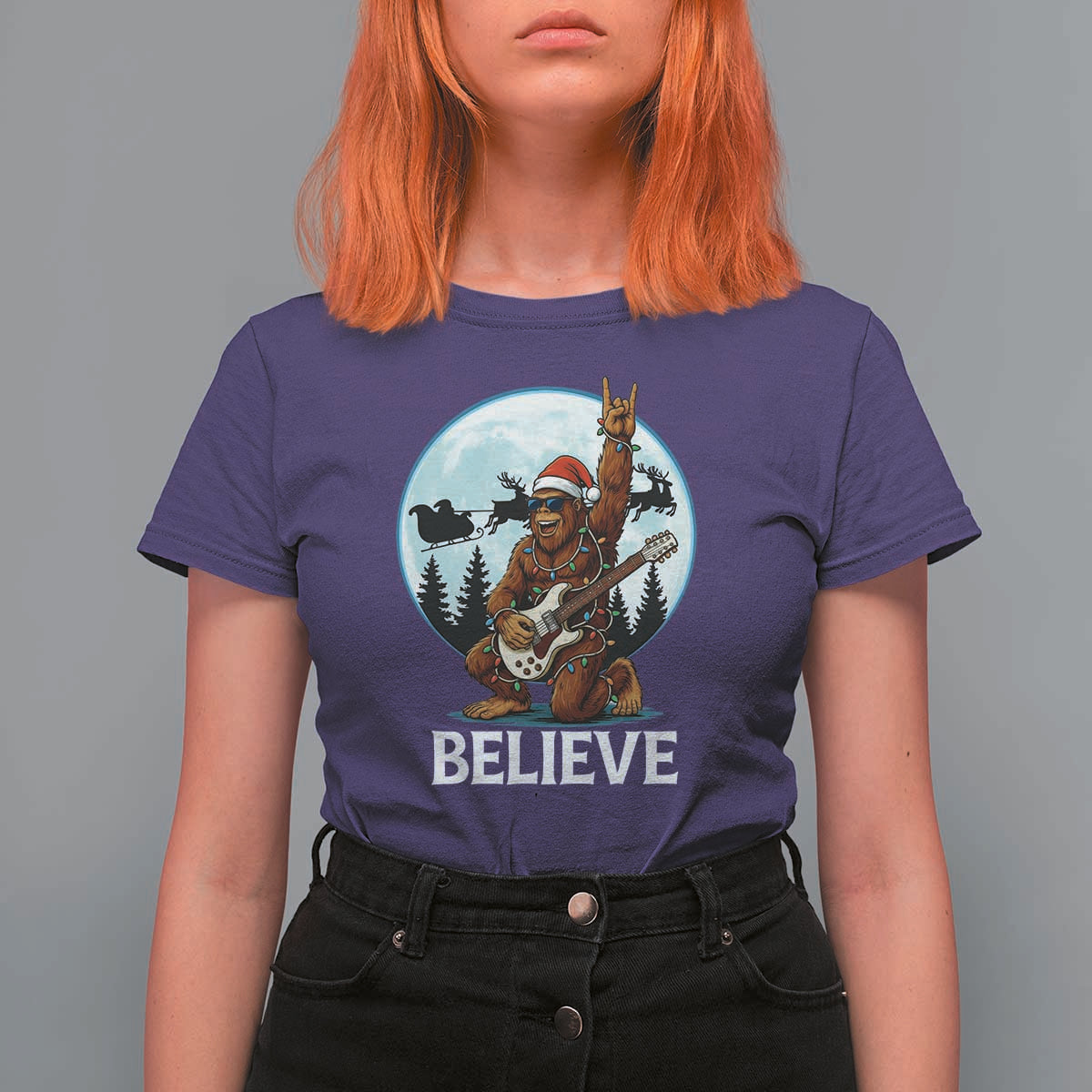 Christmas Bigfoot T Shirt For Women Believe Funny Santa Rock N Roll - Wonder Print Shop