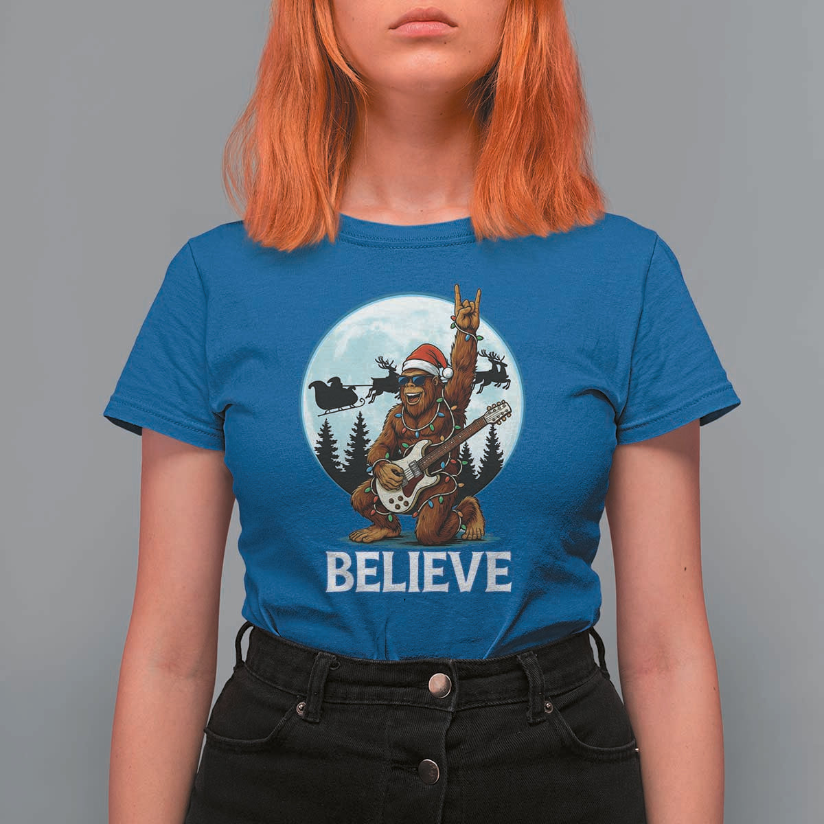Christmas Bigfoot T Shirt For Women Believe Funny Santa Rock N Roll - Wonder Print Shop