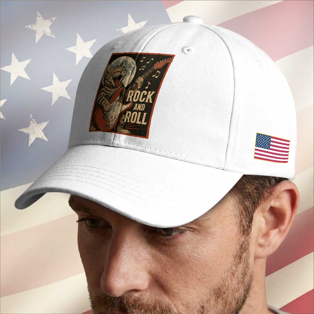 Funny Rock And Roll Baseball Cap Cat Playing Electric Guitar Music Lover