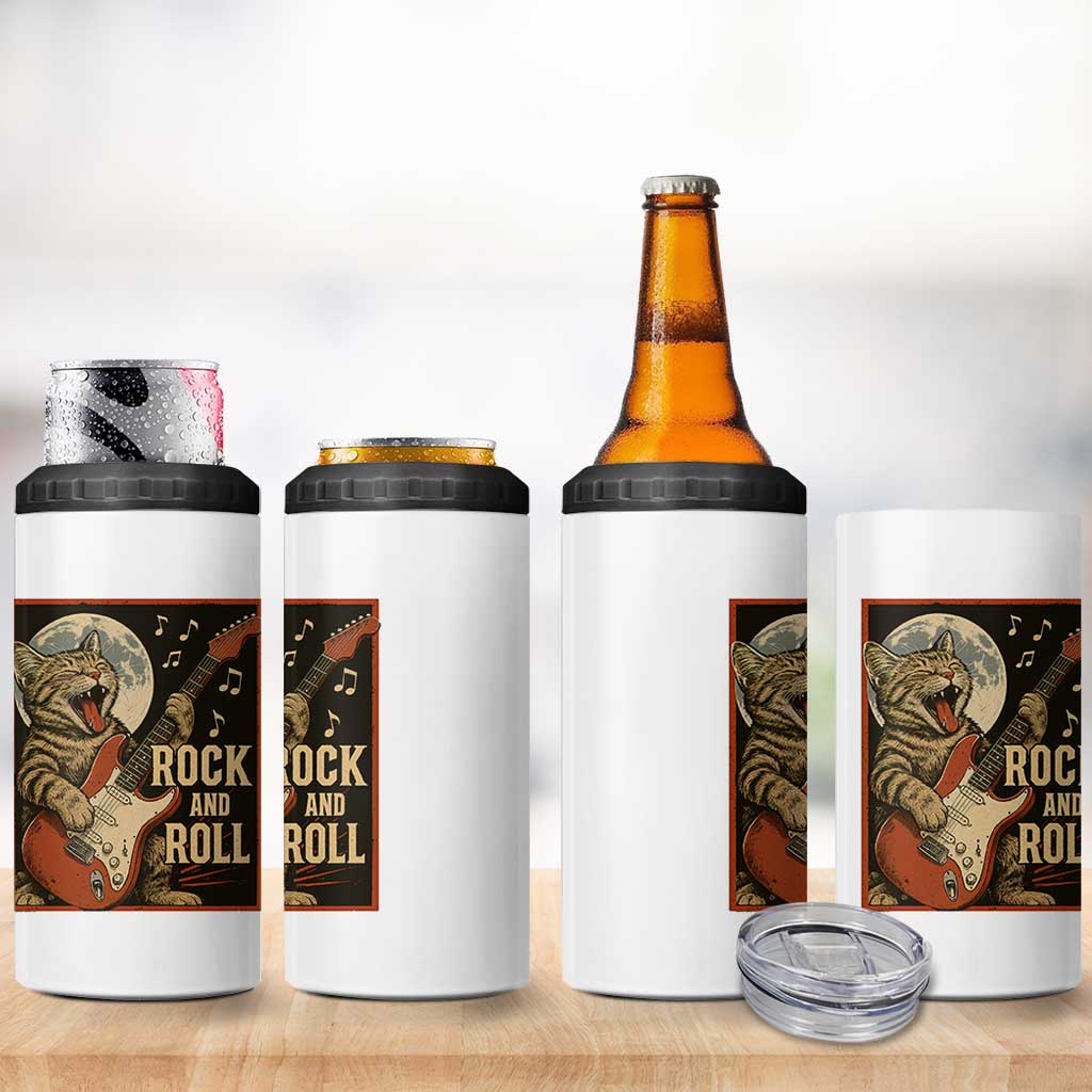 Funny Rock And Roll 4 in 1 Can Cooler Tumbler Cat Playing Electric Guitar Music Lover
