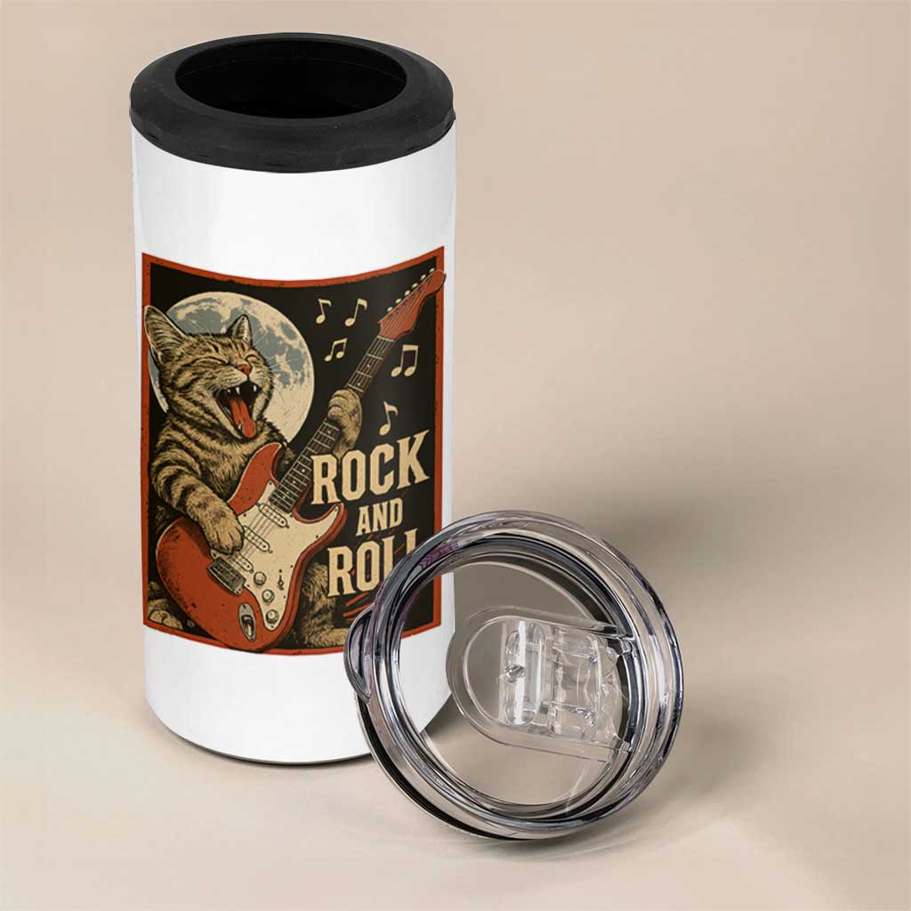 Funny Rock And Roll 4 in 1 Can Cooler Tumbler Cat Playing Electric Guitar Music Lover