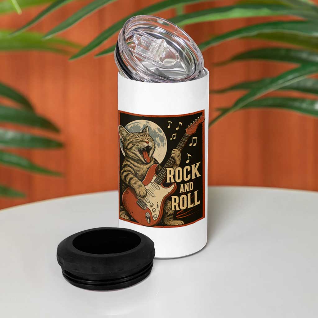 Funny Rock And Roll 4 in 1 Can Cooler Tumbler Cat Playing Electric Guitar Music Lover