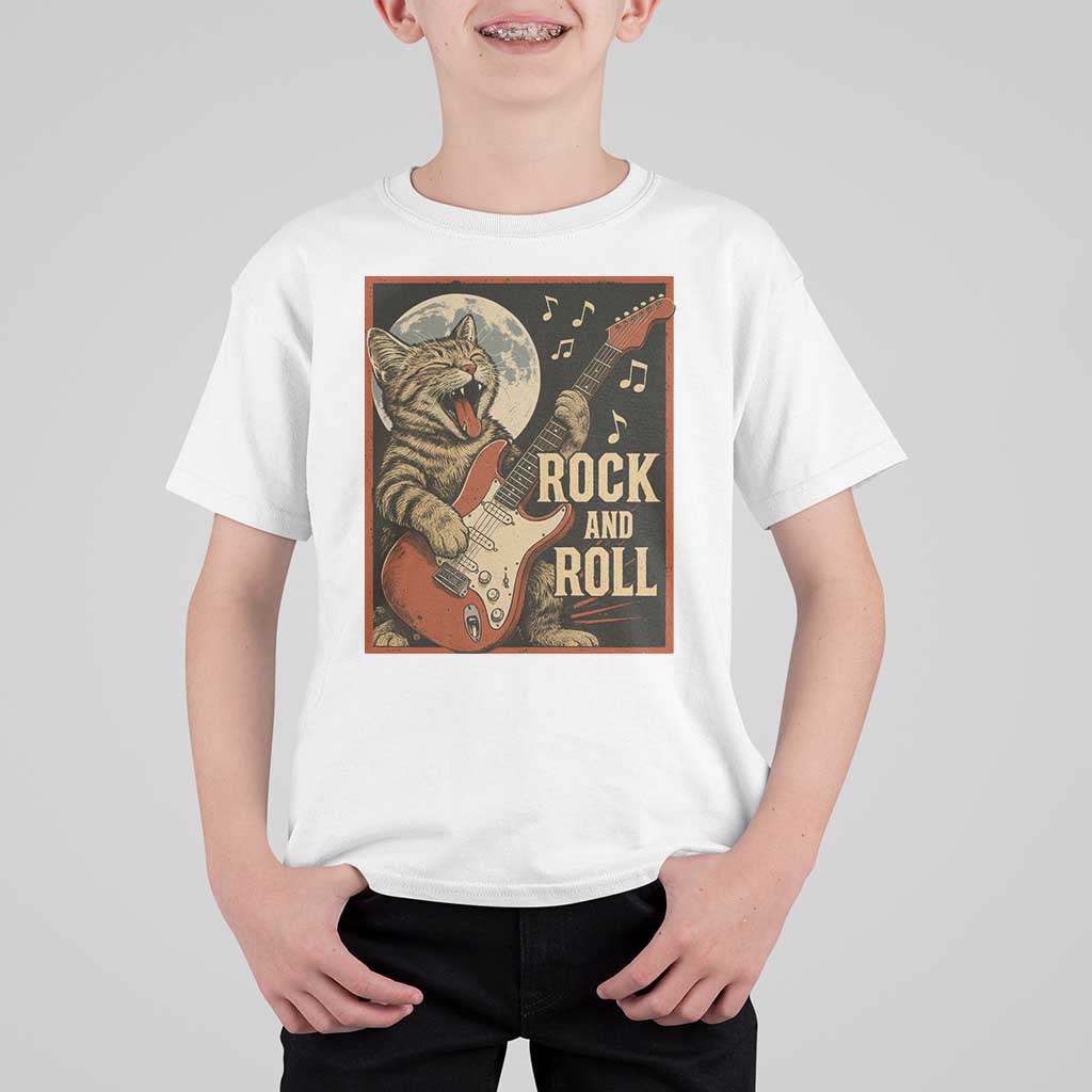 Funny Rock And Roll T Shirt For Kid Cat Playing Electric Guitar Music Lover - Wonder Print Shop