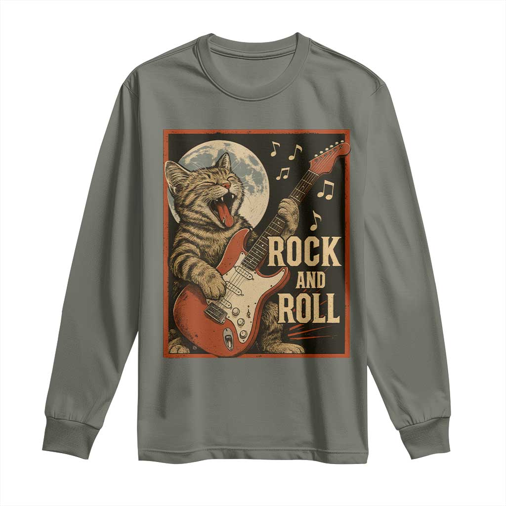 Funny Rock And Roll Long Sleeve Shirt Cat Playing Electric Guitar Music Lover - Wonder Print Shop