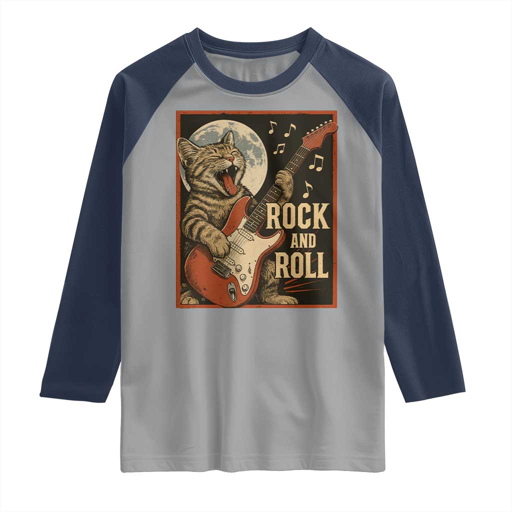Funny Rock And Roll Raglan Shirt Cat Playing Electric Guitar Music Lover - Wonder Print Shop