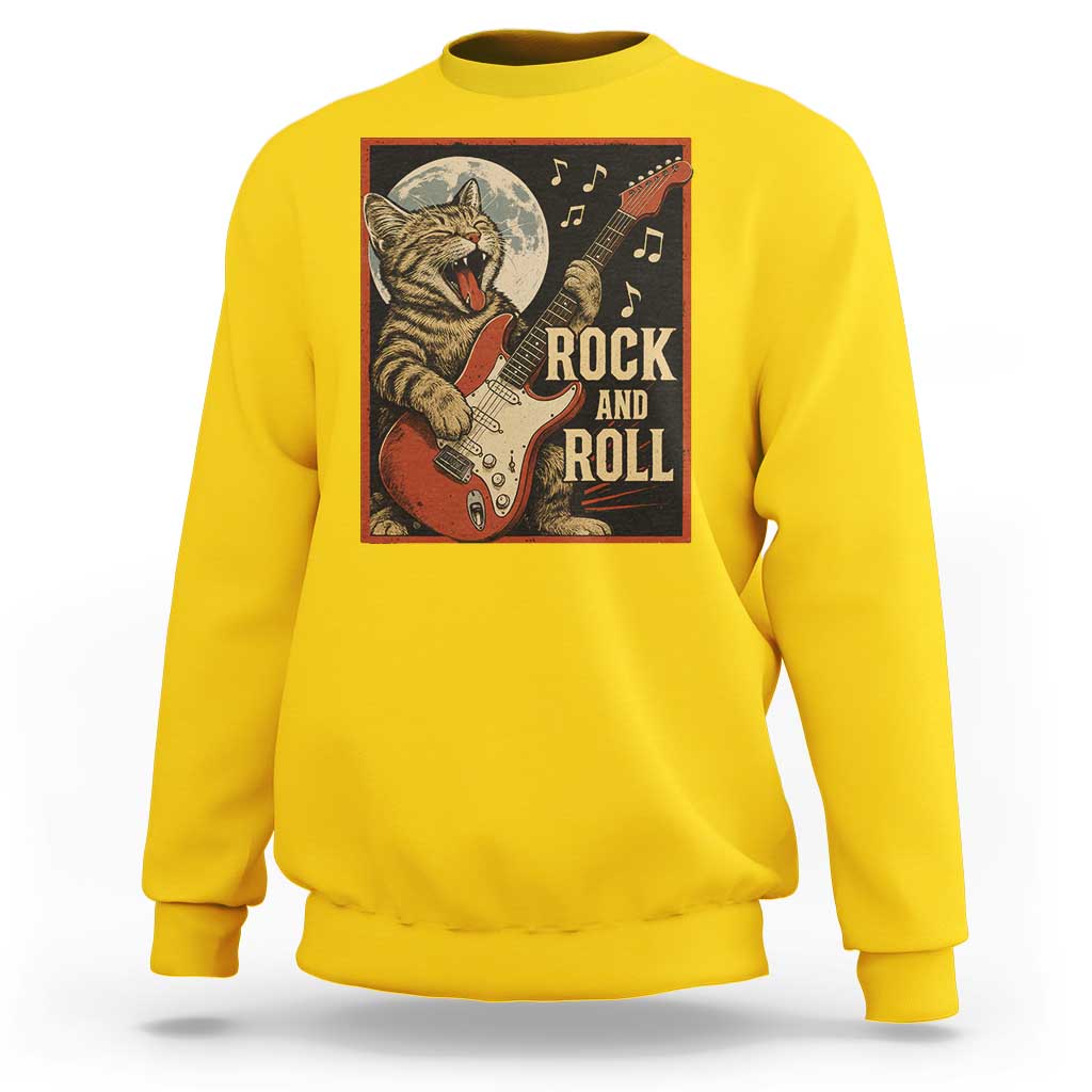 Funny Rock And Roll Sweatshirt Cat Playing Electric Guitar Music Lover - Wonder Print Shop