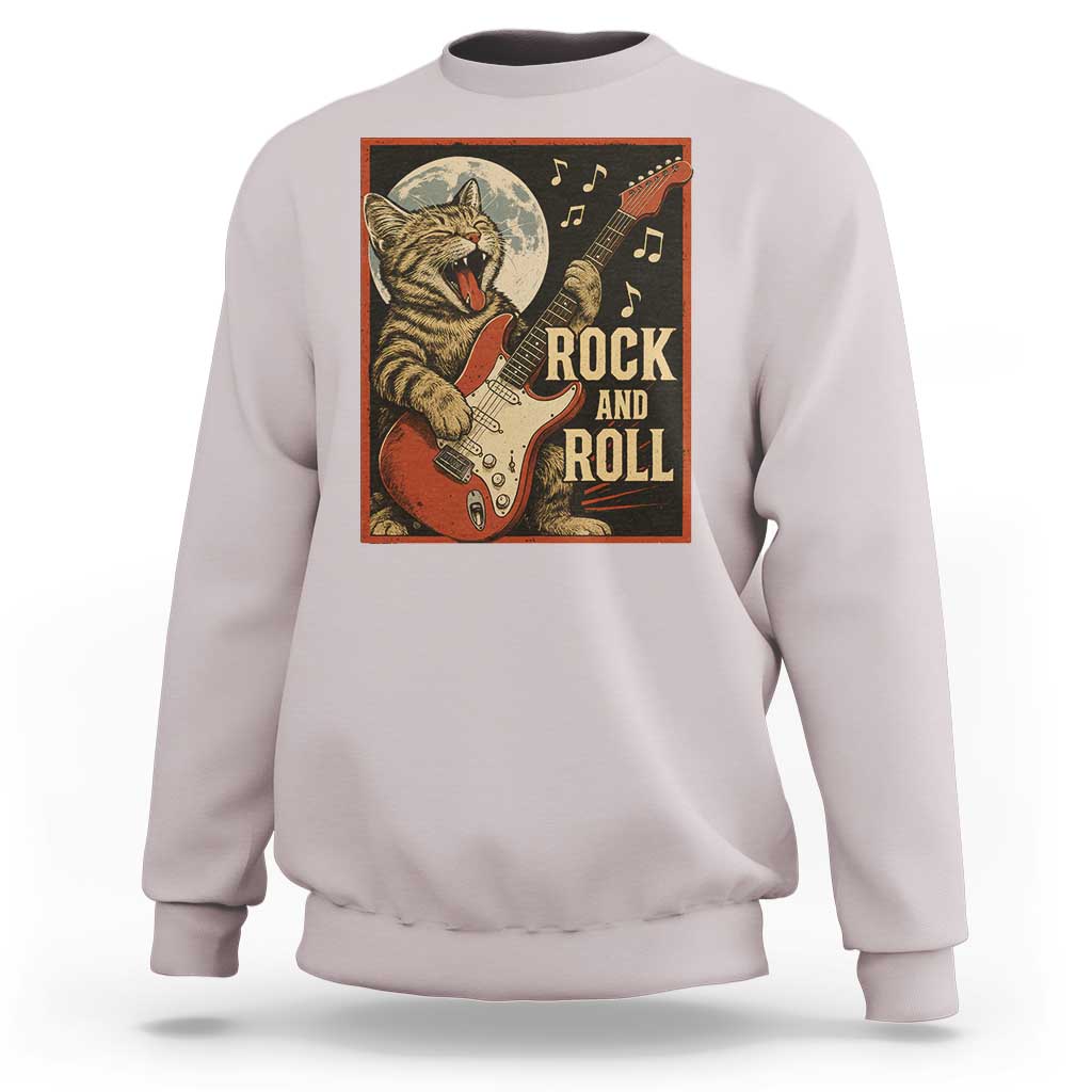 Funny Rock And Roll Sweatshirt Cat Playing Electric Guitar Music Lover - Wonder Print Shop