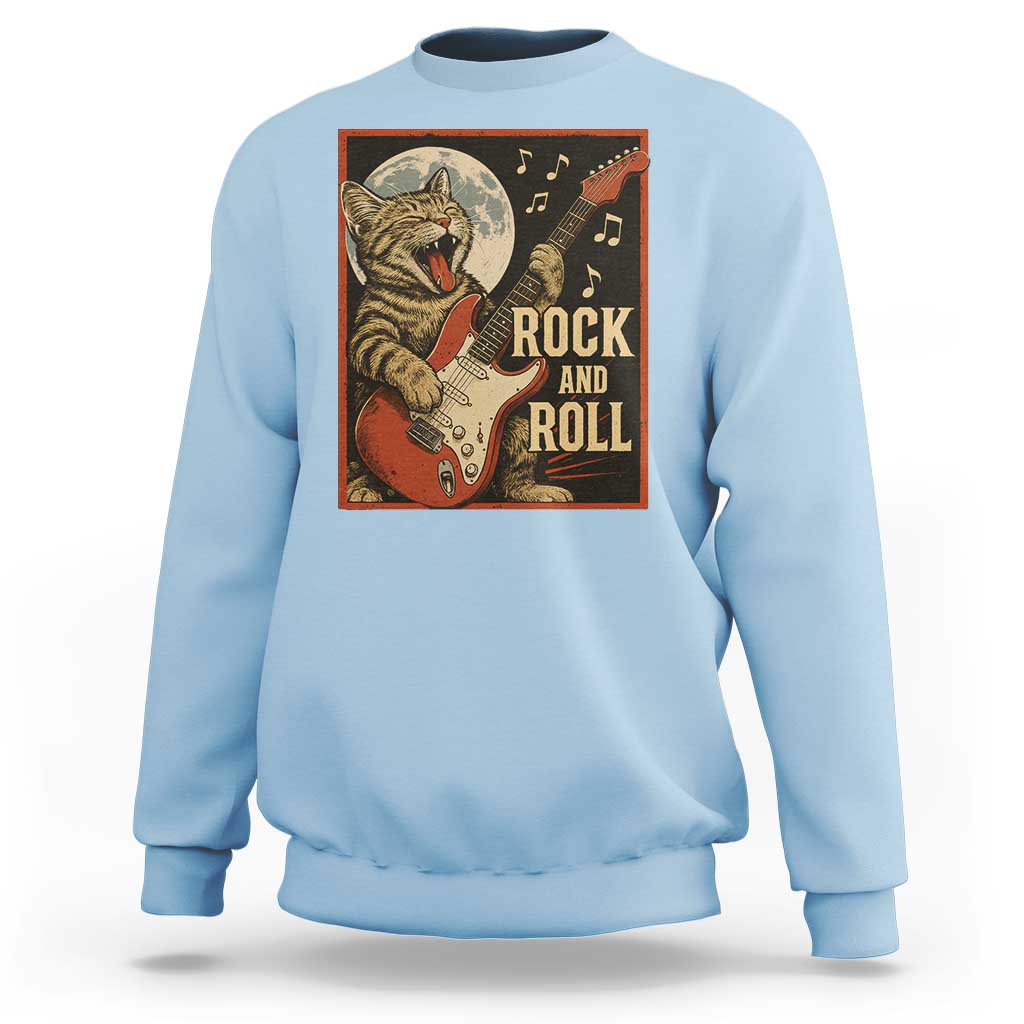 Funny Rock And Roll Sweatshirt Cat Playing Electric Guitar Music Lover - Wonder Print Shop