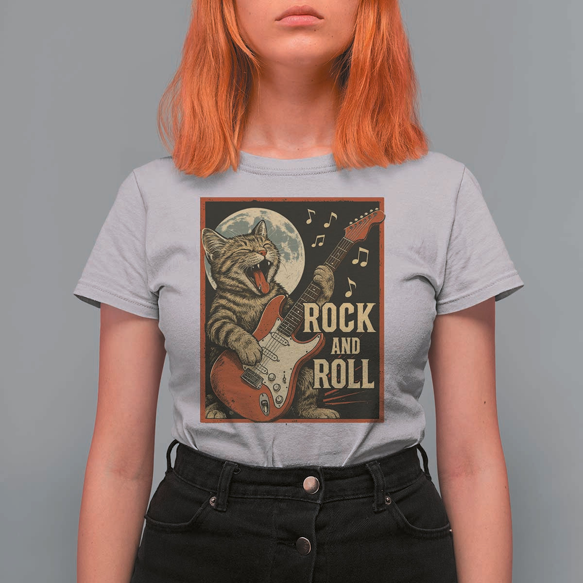 Funny Rock And Roll T Shirt For Women Cat Playing Electric Guitar Music Lover - Wonder Print Shop