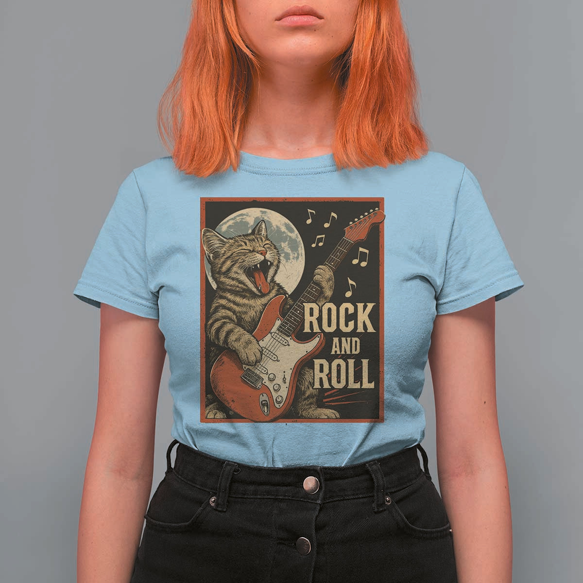 Funny Rock And Roll T Shirt For Women Cat Playing Electric Guitar Music Lover - Wonder Print Shop