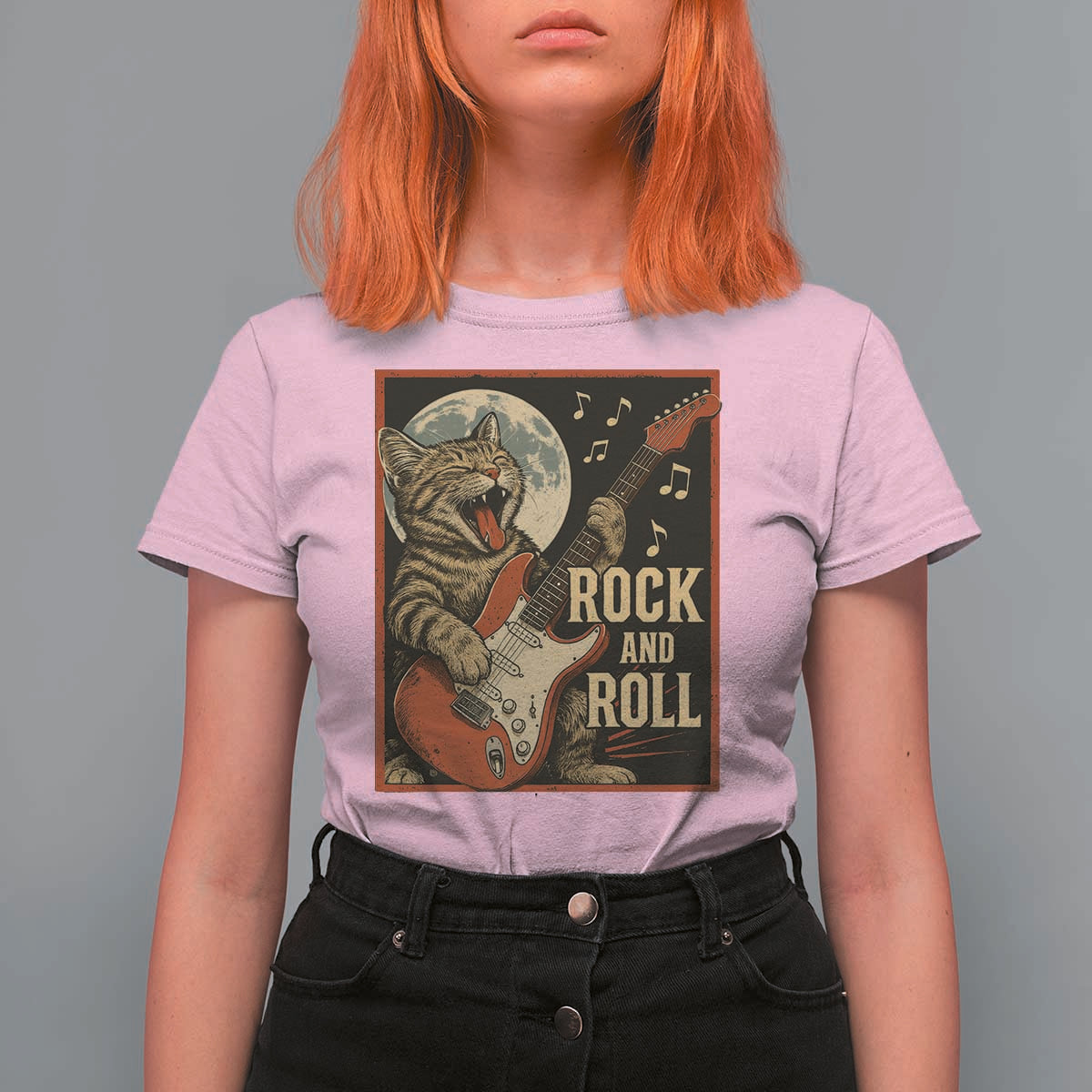 Funny Rock And Roll T Shirt For Women Cat Playing Electric Guitar Music Lover - Wonder Print Shop