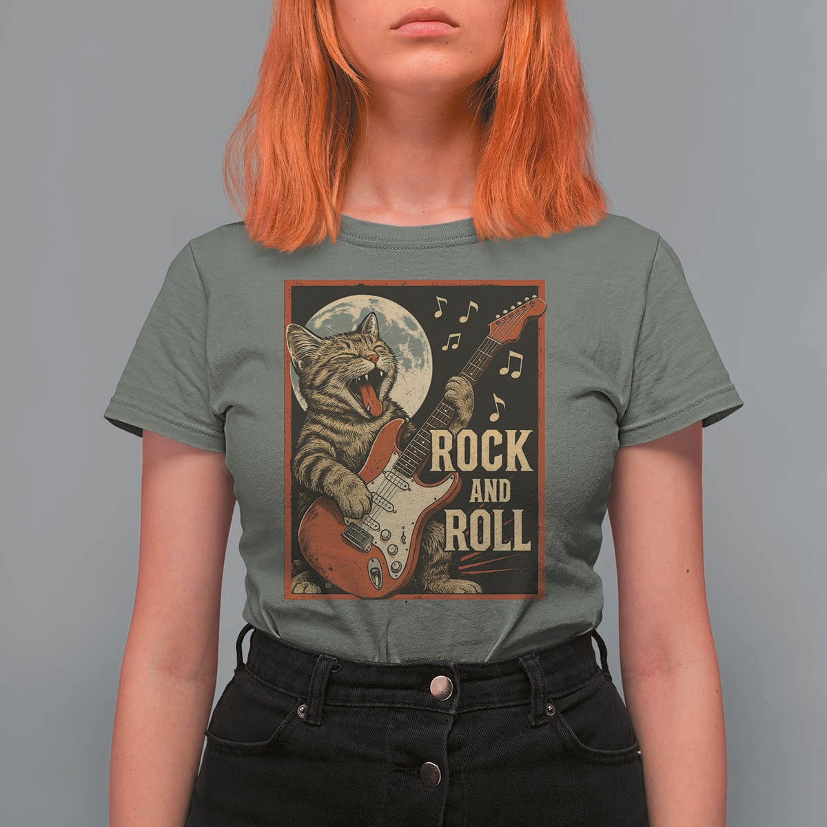 Funny Rock And Roll T Shirt For Women Cat Playing Electric Guitar Music Lover - Wonder Print Shop