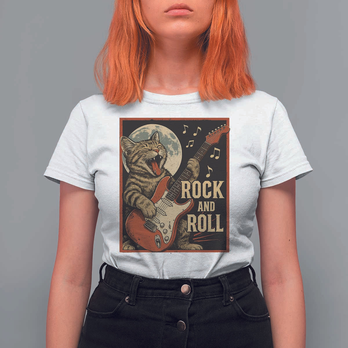Funny Rock And Roll T Shirt For Women Cat Playing Electric Guitar Music Lover - Wonder Print Shop