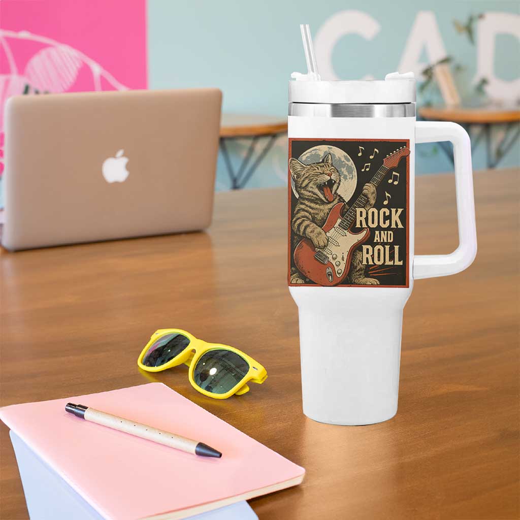 Funny Rock And Roll Tumbler With Handle Cat Playing Electric Guitar Music Lover