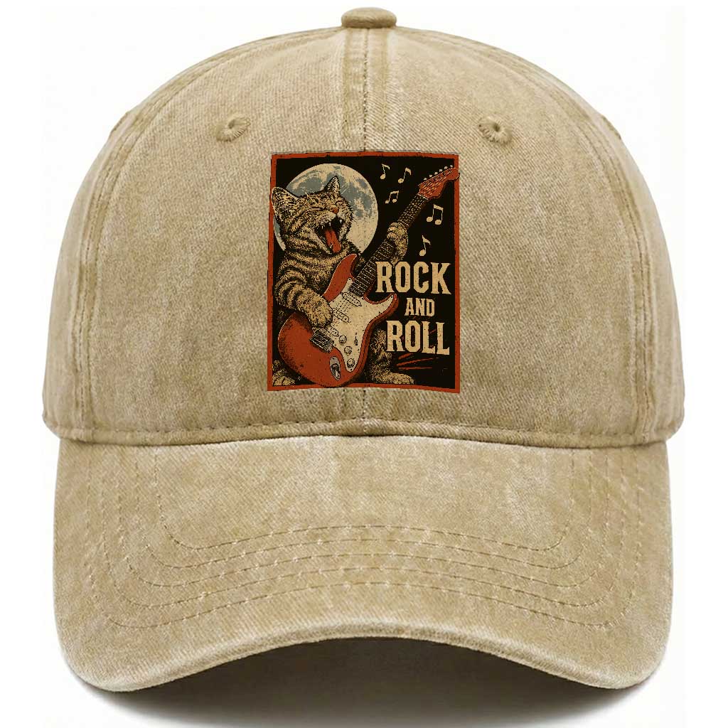 Funny Rock And Roll Washed Cotton Baseball Cap Cat Playing Electric Guitar Music Lover