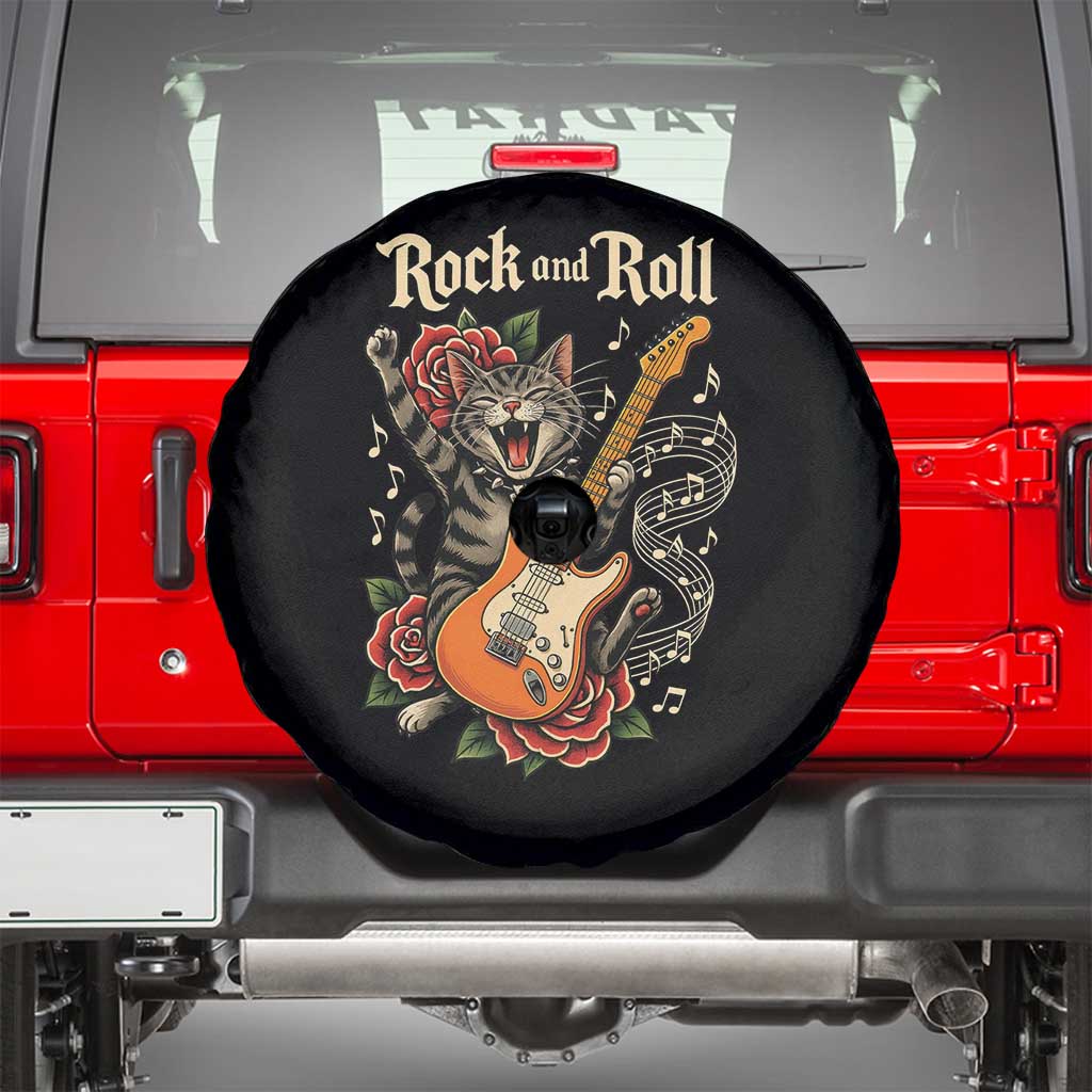 Funny Rock Star Cat Playing Electric Guitar Spare Tire Cover Music Lover - Wonder Print Shop