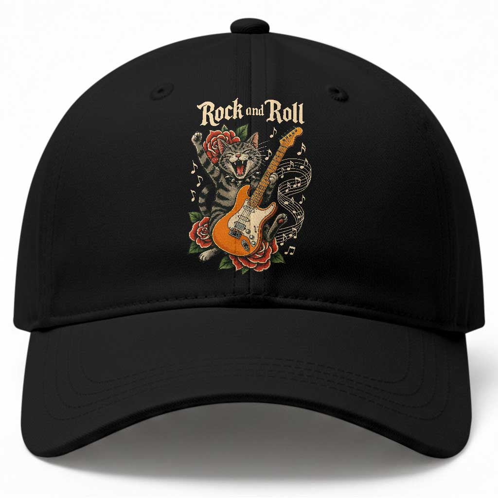 Funny Rock Star Cat Playing Electric Guitar Baseball Cap Music Lover
