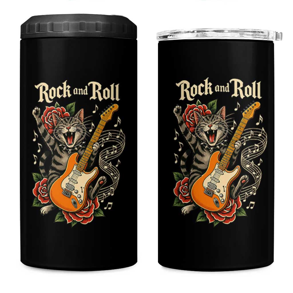 Funny Rock Star Cat Playing Electric Guitar 4 in 1 Can Cooler Tumbler Music Lover
