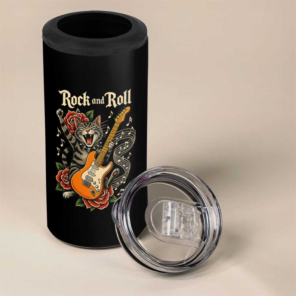 Funny Rock Star Cat Playing Electric Guitar 4 in 1 Can Cooler Tumbler Music Lover