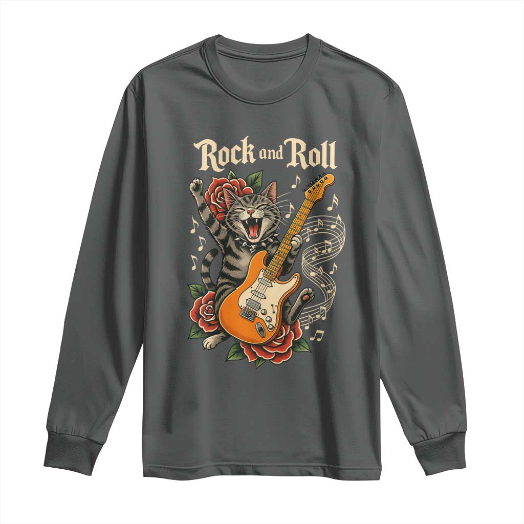 Funny Rock Star Cat Playing Electric Guitar Long Sleeve Shirt Music Lover - Wonder Print Shop