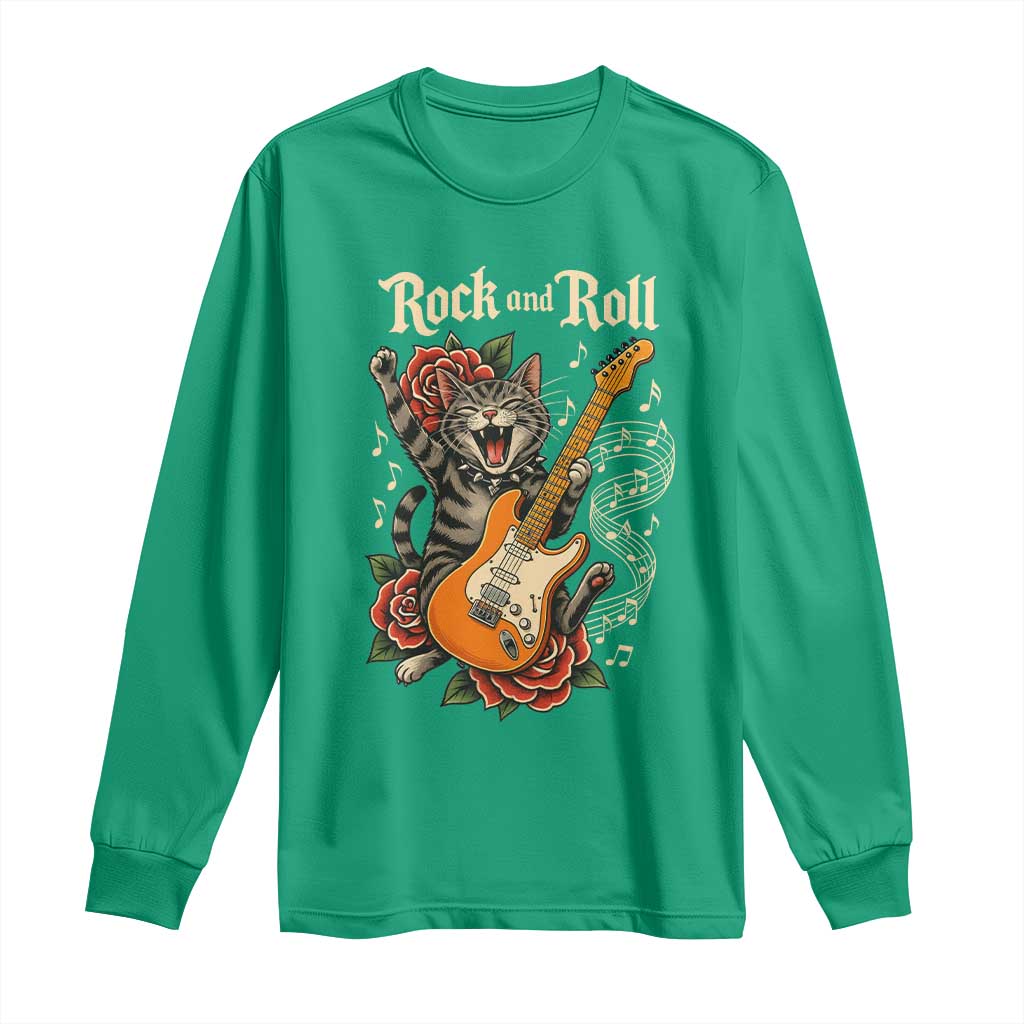 Funny Rock Star Cat Playing Electric Guitar Long Sleeve Shirt Music Lover - Wonder Print Shop