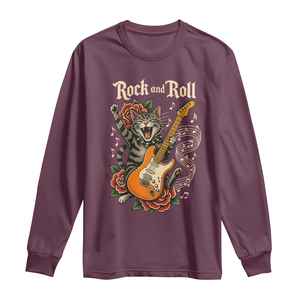 Funny Rock Star Cat Playing Electric Guitar Long Sleeve Shirt Music Lover - Wonder Print Shop