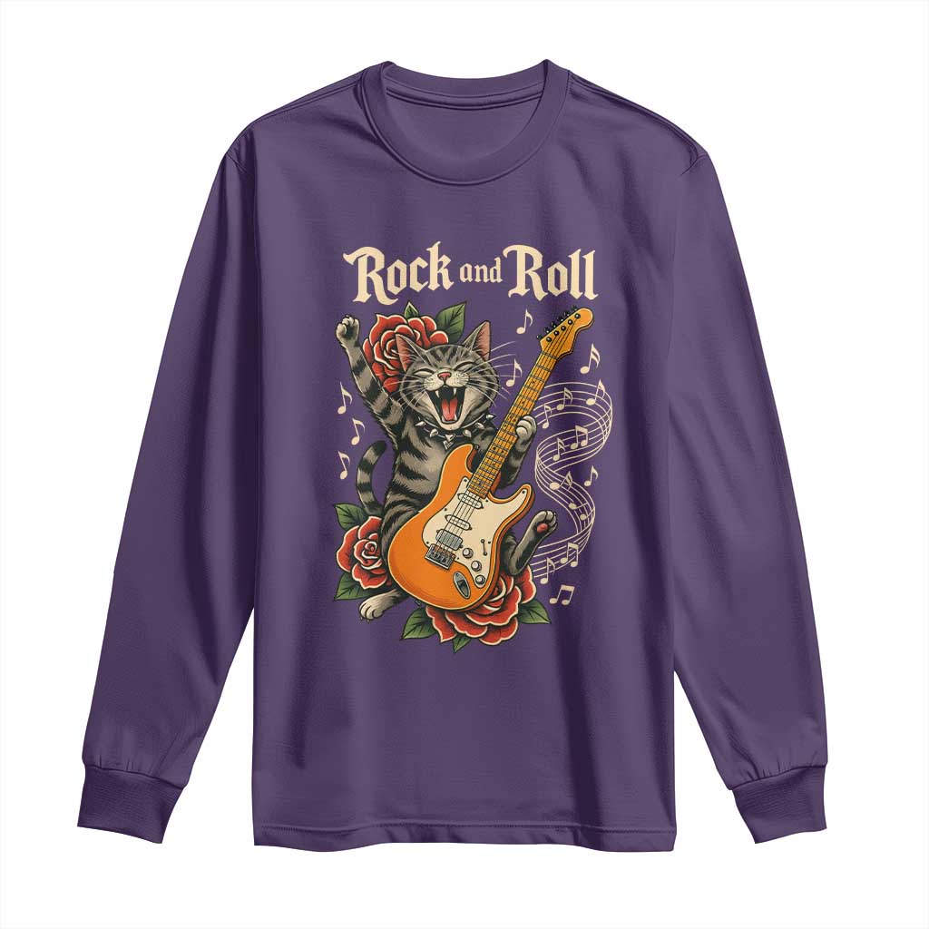 Funny Rock Star Cat Playing Electric Guitar Long Sleeve Shirt Music Lover - Wonder Print Shop