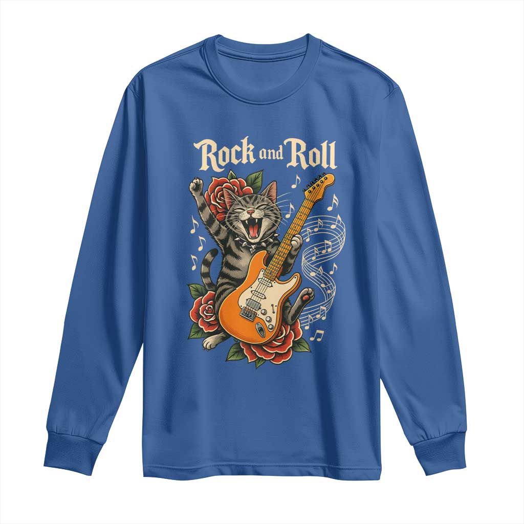 Funny Rock Star Cat Playing Electric Guitar Long Sleeve Shirt Music Lover - Wonder Print Shop