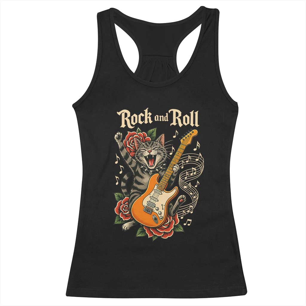 Funny Rock Star Cat Playing Electric Guitar Racerback Tank Top Music Lover - Wonder Print Shop