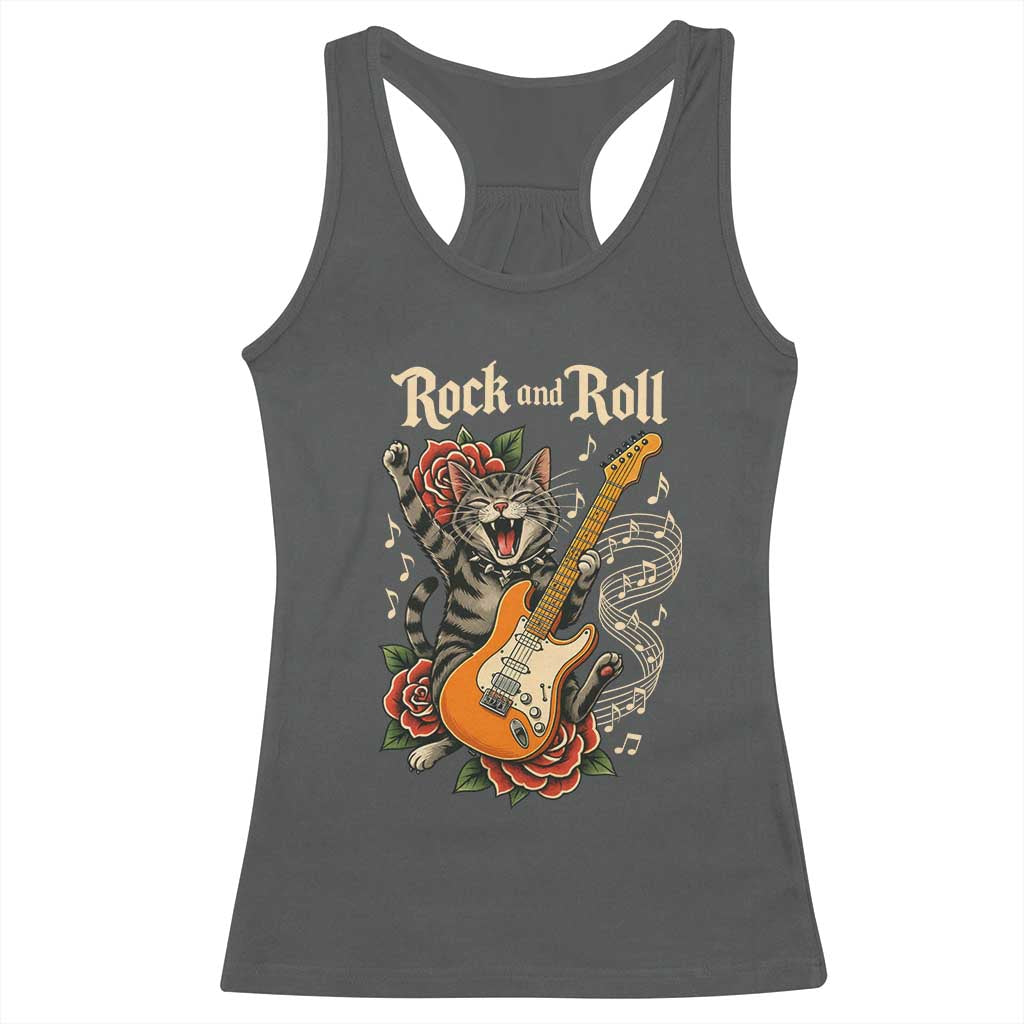 Funny Rock Star Cat Playing Electric Guitar Racerback Tank Top Music Lover - Wonder Print Shop
