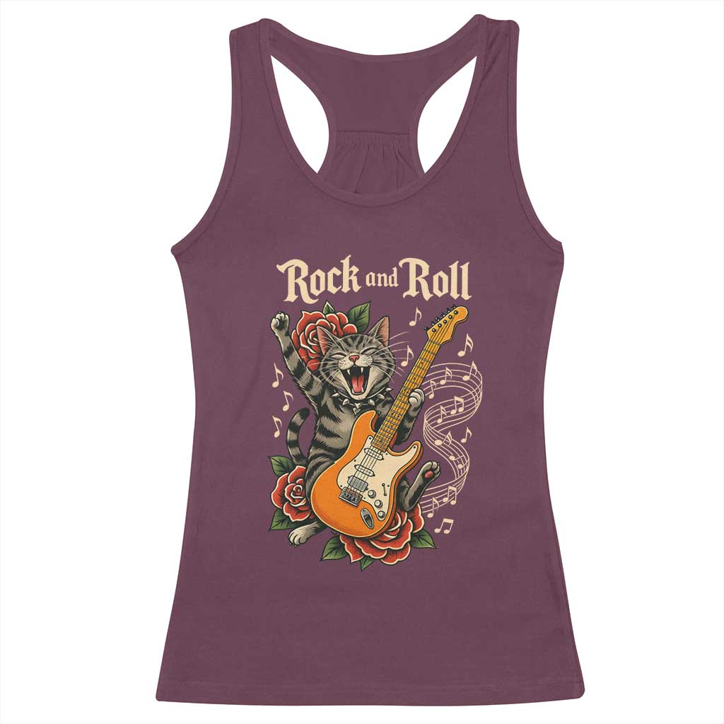 Funny Rock Star Cat Playing Electric Guitar Racerback Tank Top Music Lover - Wonder Print Shop