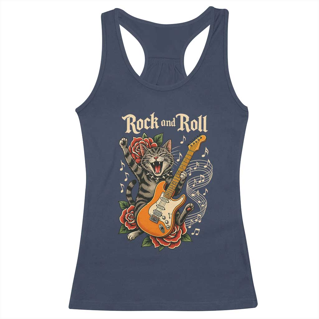 Funny Rock Star Cat Playing Electric Guitar Racerback Tank Top Music Lover - Wonder Print Shop