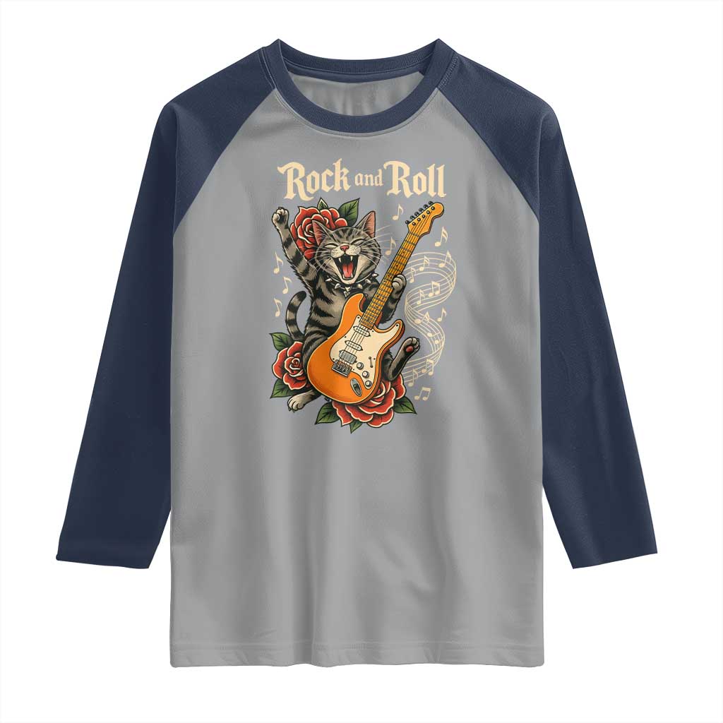 Funny Rock Star Cat Playing Electric Guitar Raglan Shirt Music Lover - Wonder Print Shop