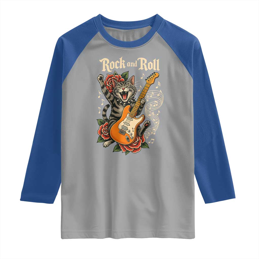 Funny Rock Star Cat Playing Electric Guitar Raglan Shirt Music Lover - Wonder Print Shop