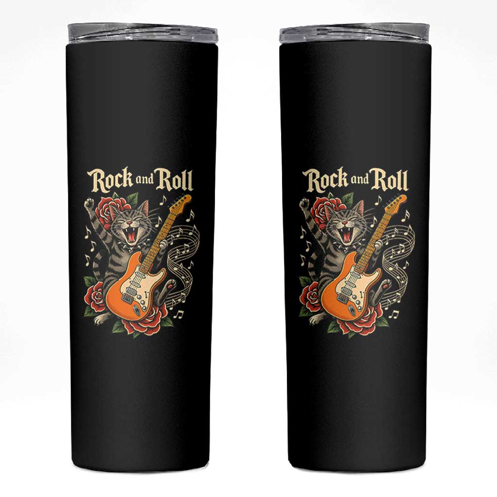 Funny Rock Star Cat Playing Electric Guitar Skinny Tumbler Music Lover