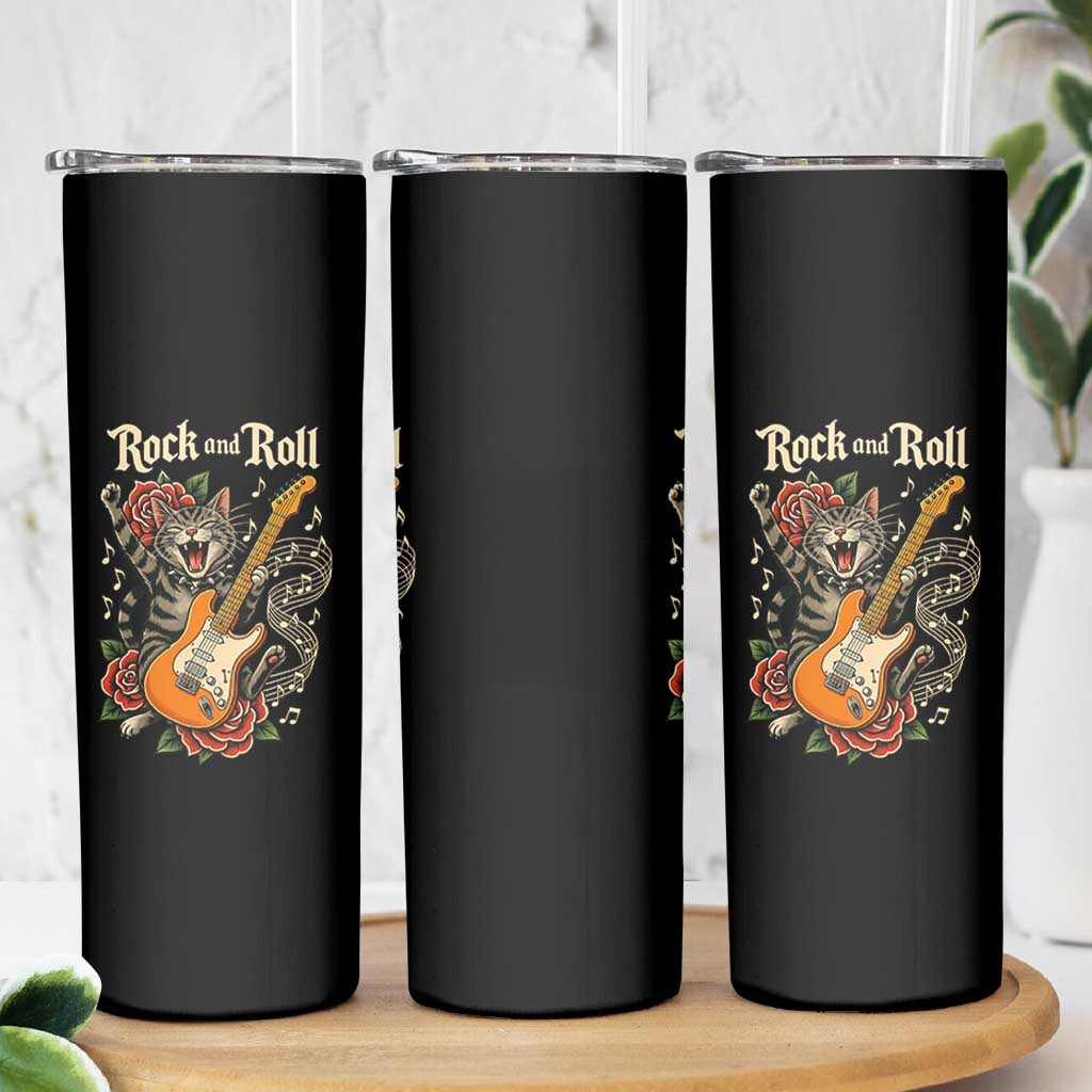 Funny Rock Star Cat Playing Electric Guitar Skinny Tumbler Music Lover