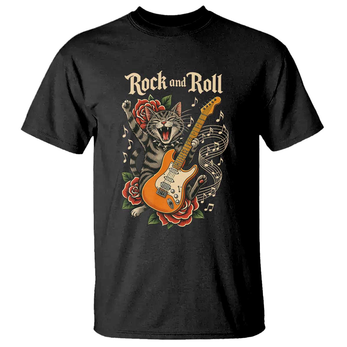 Funny Rock Star Cat Playing Electric Guitar T Shirt Music Lover - Wonder Print Shop