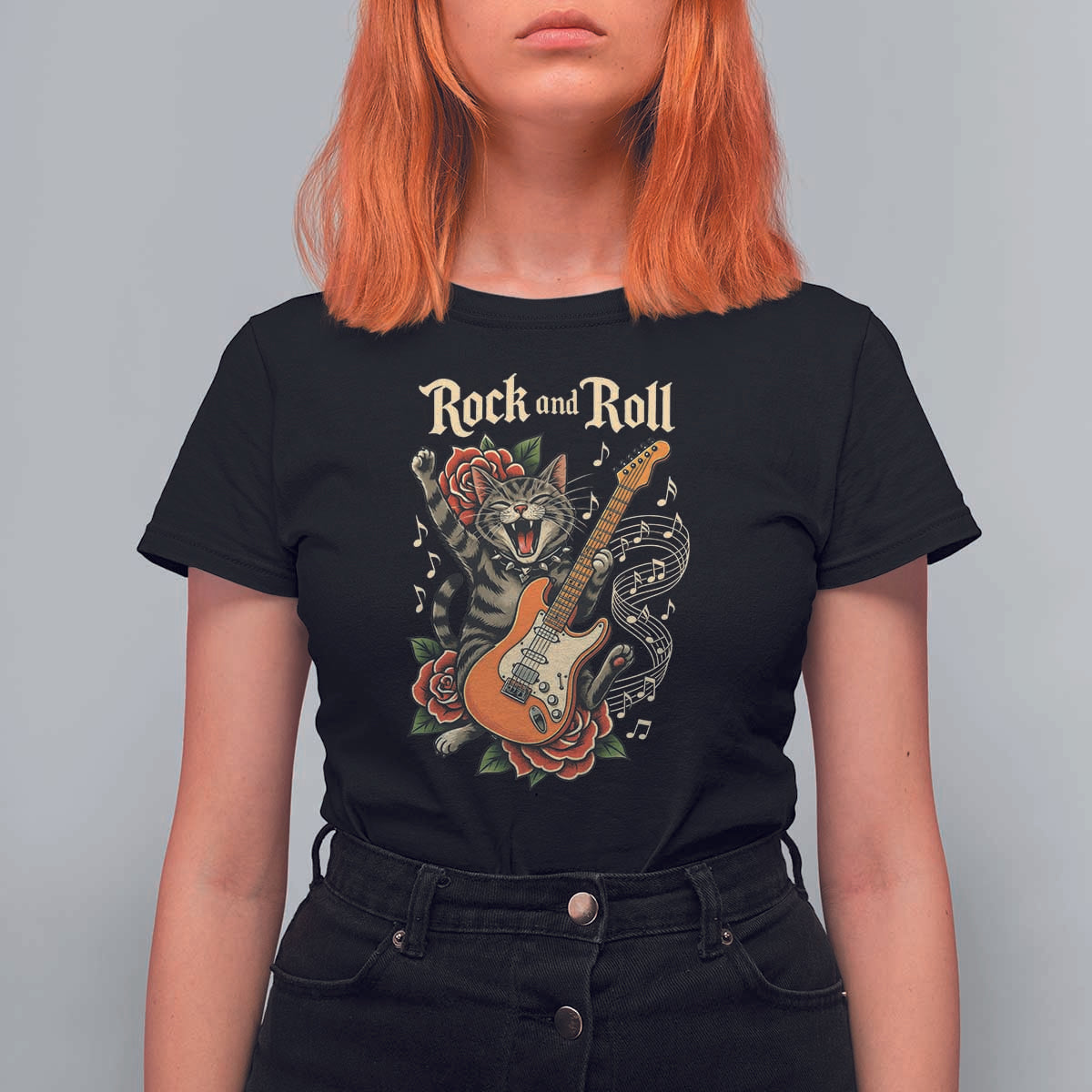 Funny Rock Star Cat Playing Electric Guitar T Shirt For Women Music Lover - Wonder Print Shop