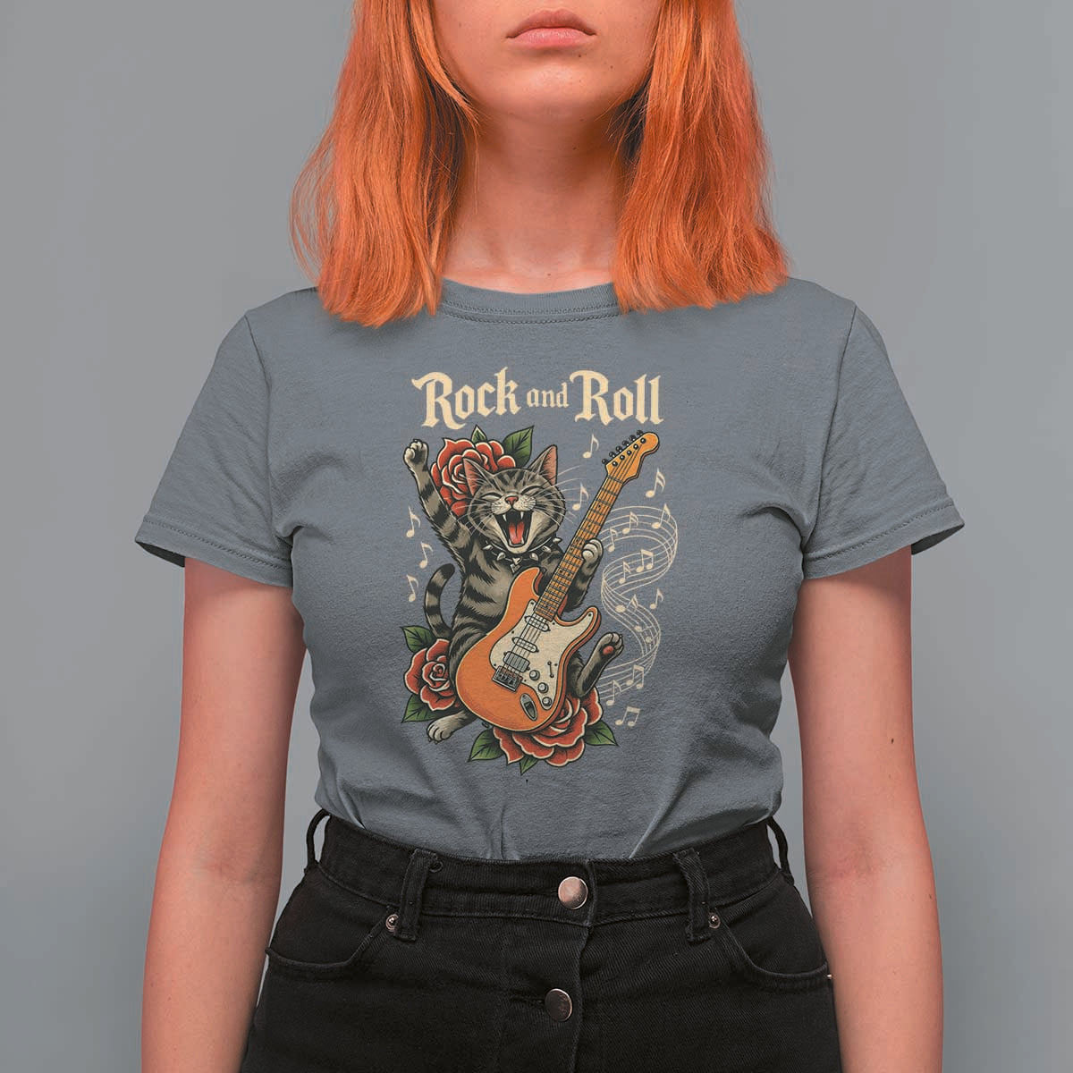 Funny Rock Star Cat Playing Electric Guitar T Shirt For Women Music Lover - Wonder Print Shop
