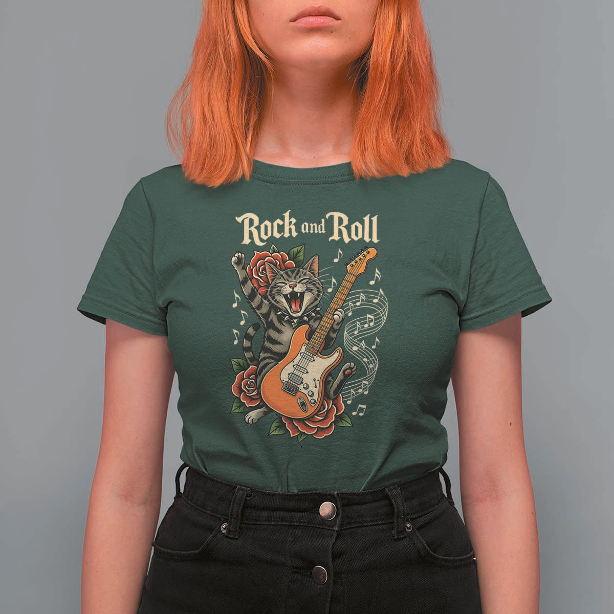 Funny Rock Star Cat Playing Electric Guitar T Shirt For Women Music Lover - Wonder Print Shop