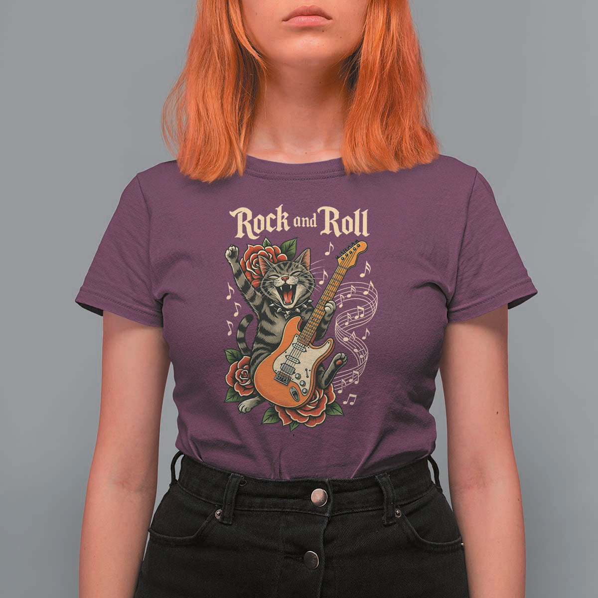 Funny Rock Star Cat Playing Electric Guitar T Shirt For Women Music Lover - Wonder Print Shop