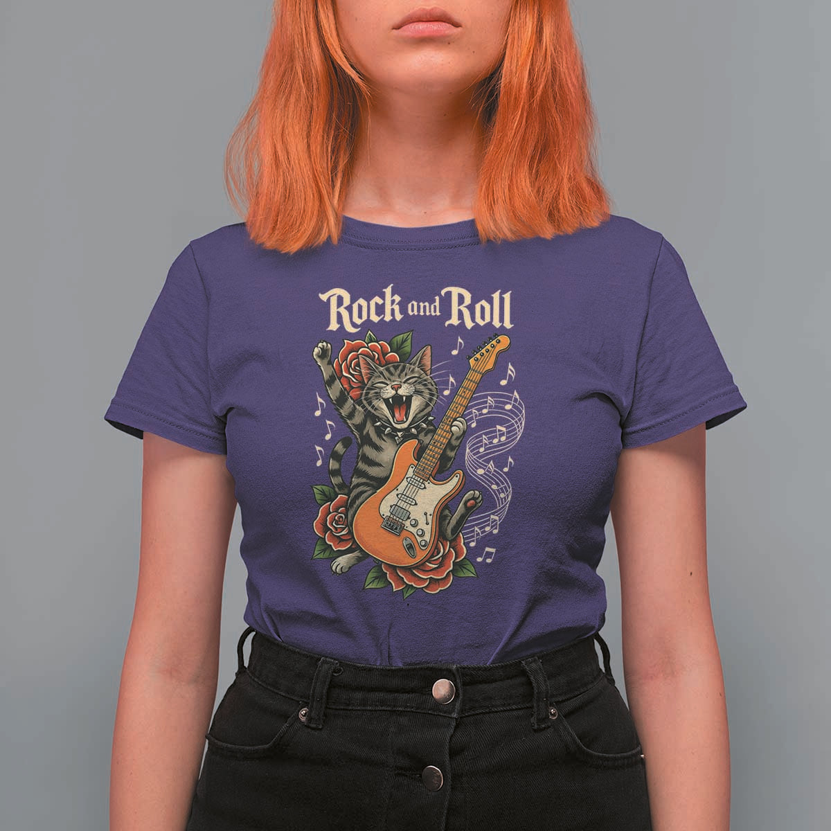 Funny Rock Star Cat Playing Electric Guitar T Shirt For Women Music Lover - Wonder Print Shop