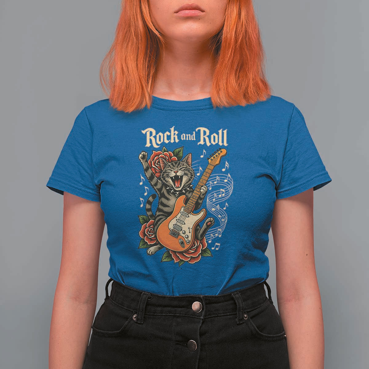 Funny Rock Star Cat Playing Electric Guitar T Shirt For Women Music Lover - Wonder Print Shop